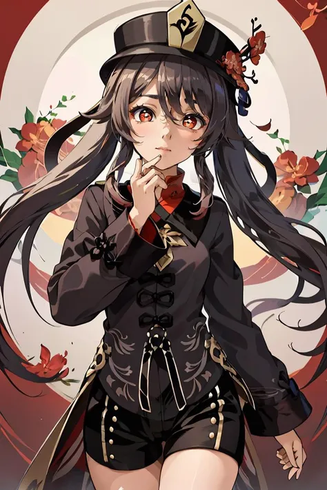 (masterpiece, best quality), 1girl,   <lora:Hu_Tao_Genshin:0.8>   Hu_Tao_Genshin, 1girl, solo, long hair, red eyes, brown eyes, flower-shaped pupils, twintails, hu tao \(genshin impact\), hat, long sleeves, hat flower, jewelry, chinese clothes, shorts