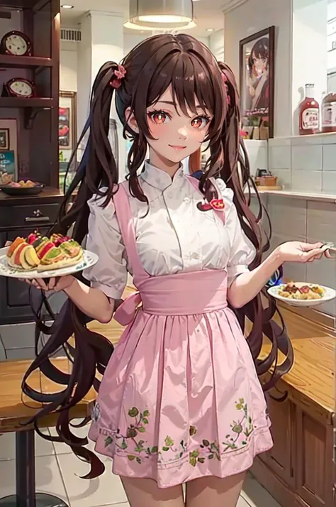 smile, cowboy shot, <lora:Hu_Tao_Genshin:0.5> Hu_Tao_Genshin, 1girl, solo, long hair, red eyes, brown eyes, flower-shaped pupils, twintails, hu tao \(genshin impact\), <lora:AMSC_AnnaMillers_uniform_SD15_V3:0.6> AMSC, AMTS, waitress, uniform, short sleeves, pink apron, pink skirt,, ultra detailed, masterpiece, best quality, aesthetic, detailed,