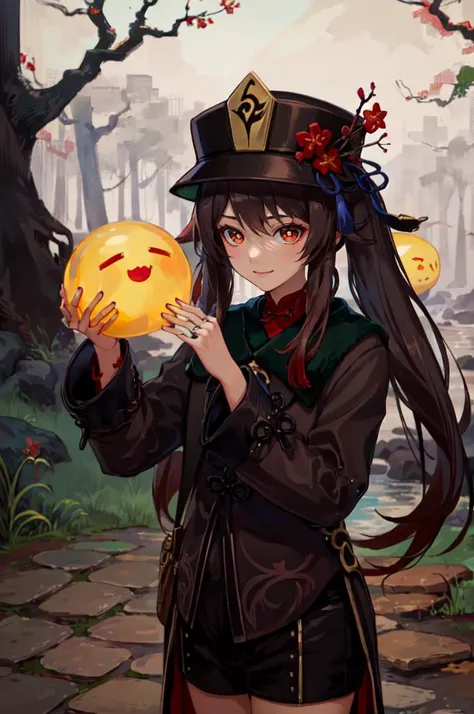 <lora:Hu_Tao_Genshin:0.8> Hu_Tao_Genshin, 1girl, solo, long hair, red eyes, brown eyes, flower-shaped pupils, twintails, hu tao \(genshin impact\), hat, long sleeves, hat flower, jewelry, chinese clothes, shorts, smile, hands up, forest, night, (hitodama, boo tao \(genshin impact\):1.5), <lora:antiwhite:0.5> (night, darkness,:1.4), ultra detailed, masterpiece, best quality, aesthetic, detailed,