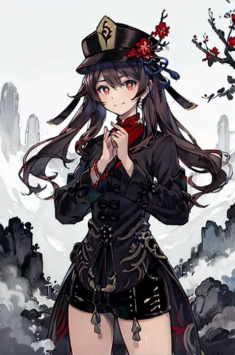 <lora:Hu_Tao_Genshin:0.8> Hu_Tao_Genshin, 1girl, solo, long hair, red eyes, brown eyes, flower-shaped pupils, twintails, hu tao \(genshin impact\), hat, long sleeves, hat flower, jewelry, chinese clothes, shorts, smile, hands up, forest, night, <lora:yoshida_akihiko_offset:1> yoshida akihiko,, ultra detailed, masterpiece, best quality, aesthetic, detailed,