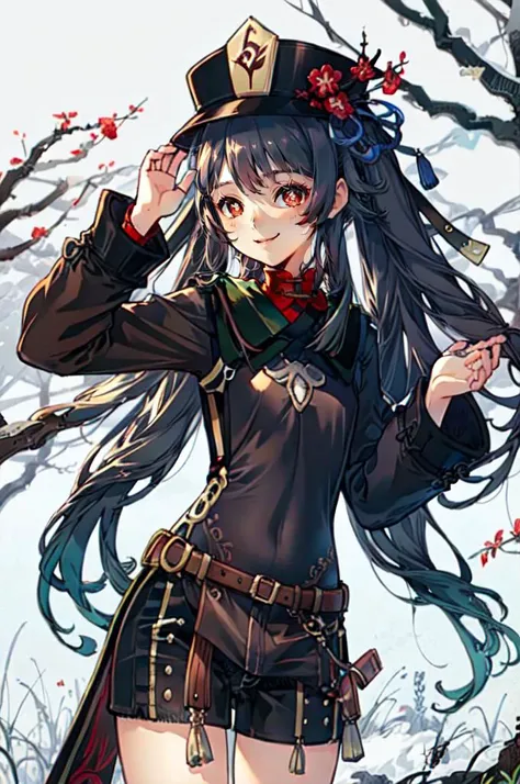<lora:Hu_Tao_Genshin:0.8> Hu_Tao_Genshin, 1girl, solo, long hair, red eyes, brown eyes, flower-shaped pupils, twintails, hu tao \(genshin impact\), hat, long sleeves, hat flower, jewelry, chinese clothes, shorts, smile, hands up, forest, night, <lora:style3:1> style3,, ultra detailed, masterpiece, best quality, aesthetic, detailed,