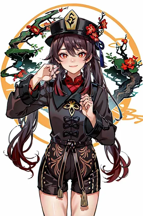 <lora:Hu_Tao_Genshin:0.8> Hu_Tao_Genshin, 1girl, solo, long hair, red eyes, brown eyes, flower-shaped pupils, twintails, hu tao \(genshin impact\), hat, long sleeves, hat flower, jewelry, chinese clothes, shorts, smile, hands up, forest, night, <lora:andavaL2:0.7>, ultra detailed, masterpiece, best quality, aesthetic, detailed,