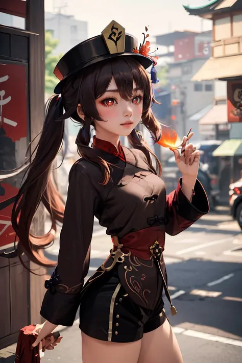 (masterpiece, best quality), 1girl,   <lora:Hu_Tao_Genshin:0.8>   Hu_Tao_Genshin, 1girl, solo, long hair, red eyes, brown eyes, flower-shaped pupils, twintails, hu tao \(genshin impact\), hat, long sleeves, hat flower, jewelry, chinese clothes, shorts