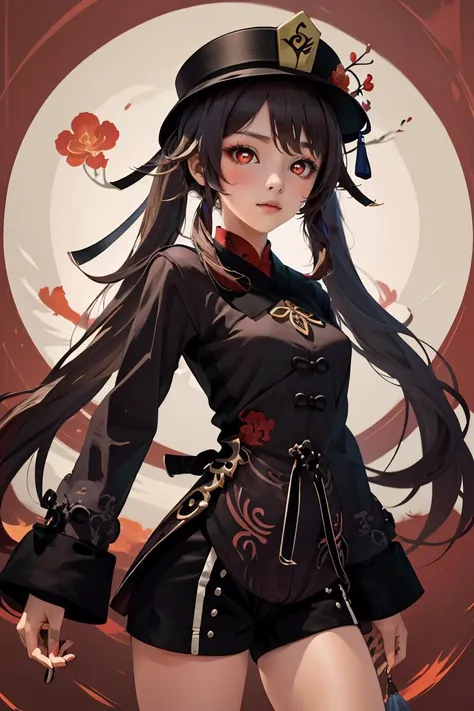 (masterpiece, best quality), 1girl,   <lora:Hu_Tao_Genshin:0.8>   Hu_Tao_Genshin, 1girl, solo, long hair, red eyes, brown eyes, flower-shaped pupils, twintails, hu tao \(genshin impact\), hat, long sleeves, hat flower, jewelry, chinese clothes, shorts