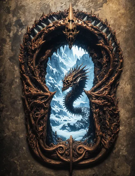masterpiece, awesome quality, hyper detailed, DonMDonMK3yh0l3 keyhole a unearthly frozen nature wyrm-like  Kulshedra, armor skin, wing spines, skeletal head, mismatched plantigrade legs,     ,   <lora:DonMDonMK3yh0l3-000006:0.8>