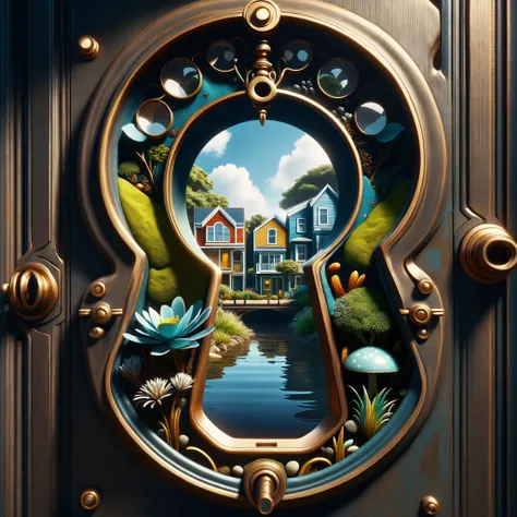 hyper detailed semi realistic 2.5D digital art masterpiece, dynamic, awesome quality,town home in estuary biome, DonMK3yH0l3XL keyhole <lora:DonMK3yH0l3XL:1>