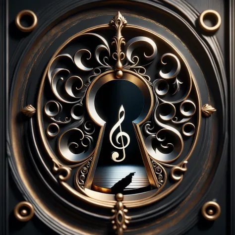 hyper detailed semi realistic 2.5D digital art masterpiece, dynamic, awesome quality,waltz, tenor clef, black metal, DonMK3yH0l3XL keyhole <lora:DonMK3yH0l3XL:1>