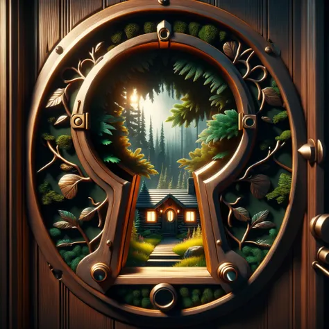 hyper detailed semi realistic 2.5D digital art masterpiece, dynamic, awesome quality,forest cabin in boreal forest biome, DonMK3yH0l3XL keyhole <lora:DonMK3yH0l3XL:1>