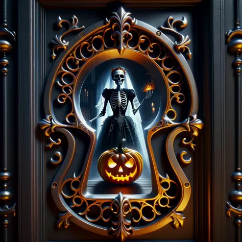 hyper detailed semi realistic 2.5D digital art masterpiece, dynamic, awesome quality,skeleton bride, spellbound, spooky mac 'n' cheese, phantom flames, spiderweb,, DonMK3yH0l3XL keyhole <lora:DonMK3yH0l3XL:1>