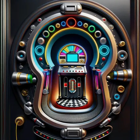 hyper detailed semi realistic 2.5D digital art masterpiece, dynamic, awesome quality,jukebox, audio cables,touchpads,ribbon cables,  houndstooth,  slick, DonMK3yH0l3XL keyhole <lora:DonMK3yH0l3XL:1>