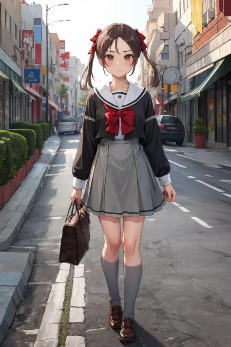 Anime girl walking down the street with a purse and a handbag - SeaArt AI