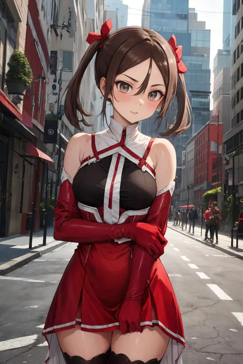 masterpiece,best quality,highres,ultra-detailed,, 
((Street in the middle of a modern city,detailed background,beautiful background)), Miyoshi_Karin, 1girl, solo,brown hair, hair ornament, thighhighs, gloves, dress, hair between eyes, bare shoulders, twintails,brown hair, boots, elbow gloves,parted bangs, grey eyes, thigh boots, red dress, red footwear, red gloves, red thighhighs,red leotard,upper body <lora:Miyoshi_Karin:0.7>