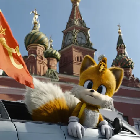 (tails_prower looking up), soviet hammer and sickle flag, soviet car, soviet buildings, moscow red square <lora:Tails_Prower_Sonic_2_-_SDXL:1> <lora:Soviet-poster:0.6>