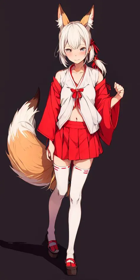 Senko-san, Loli, loli, young, red and white kimono, traditional Japanese geta, kitsune girl, fox girl, radiant orang hair and fur, fox ears, fox tail, bob cut, yellow eyes, petite, small, short, bubbly, happy, cute, thick butt, anime, simple