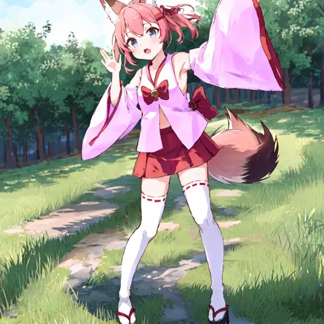 nojaoji,solo,1girl,<lora:nojaoji:1.0>,pink clothes,brond hair,fox ears,fox tail,red,mini skirt,white,knee high socks
