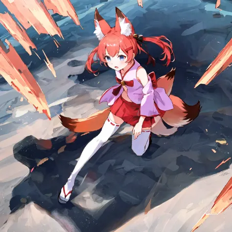 nojaoji,solo,1girl,<lora:nojaoji:1.0>,pink clothes,brond hair,twin tail,fox ears,fox tail,red,mini skirt,white,knee high socks