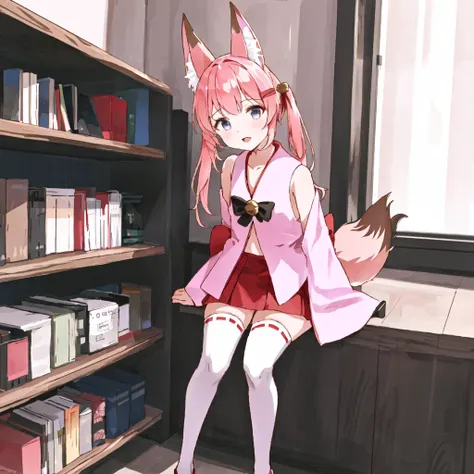 nojaoji,solo,1girl,<lora:nojaoji:1.0>,pink clothes,brond hair,fox ears,fox tail,red,mini skirt,white,knee high socks