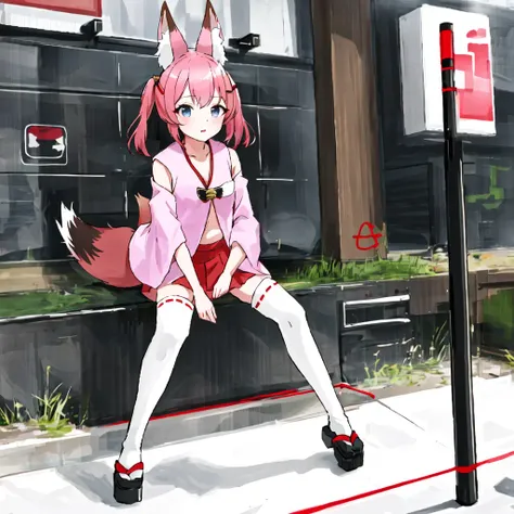 nojaoji,solo,1girl,<lora:nojaoji:1.0>,pink clothes,brond hair,fox ears,fox tail,red,mini skirt,white,knee high socks