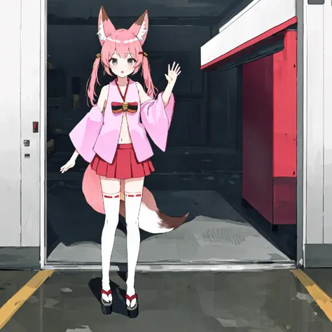 nojaoji,solo,1girl,<lora:nojaoji:1.0>,pink clothes,brond hair,fox ears,fox tail,red,mini skirt,white,knee high socks