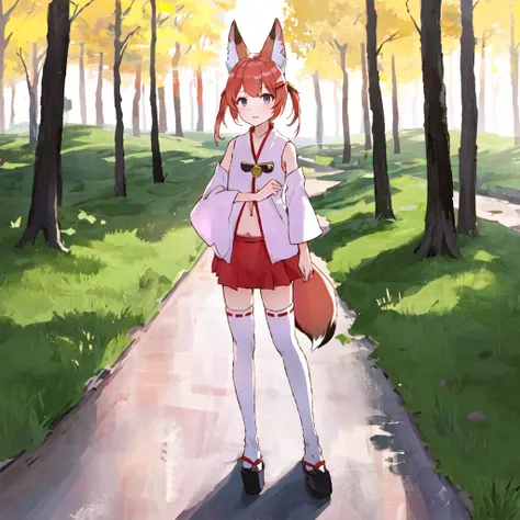 nojaoji,solo,1girl,<lora:nojaoji:1.0>,pink clothes,brond hair,twin tail,fox ears,fox tail,red,mini skirt,white,knee high socks