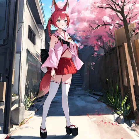 nojaoji,solo,1girl,<lora:nojaoji:1.0>,pink clothes,brond hair,fox ears,fox tail,red,mini skirt,white,knee high socks