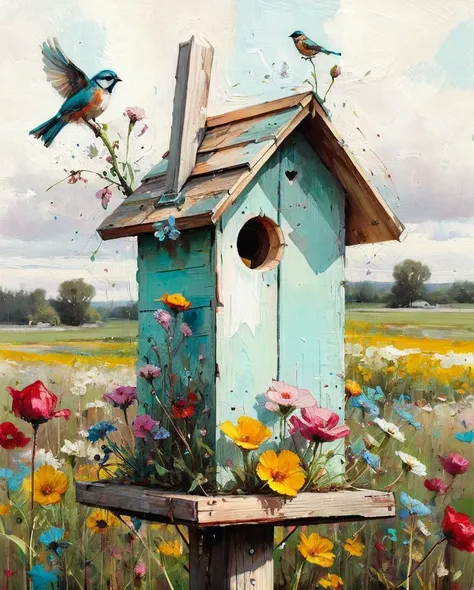 stylized by Carne Griffiths and Conrad Roset, oil painting of a (Birdhouse:1.3) , it has cute details, flower field, at Overcast, Sci-Fi, Thriftcore, Depth of field 100mm, Pastel Colors, painterly, <lora:ClassipeintXL2.1:1>