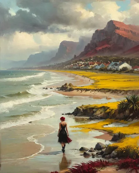 art by Ross Tran, Antonio J. Manzanedo, Tom Bagshaw and mandy disher, oil painting of a landscape of a Cloudy Maroon and Mustard (Antwerp:1.2) , dense beach, Hazy conditions, Psychobilly, Side lighting, <lora:ClassipeintXL2.1:1>