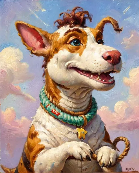 by Greg Rutkowski, oil painting of a Divine Rex from Toy Story, Rex has Brown hairstyle, Rex has a Rope, Fine art, Fantasy, Pastel Colors, saintly, <lora:ClassipeintXL2.1:1>