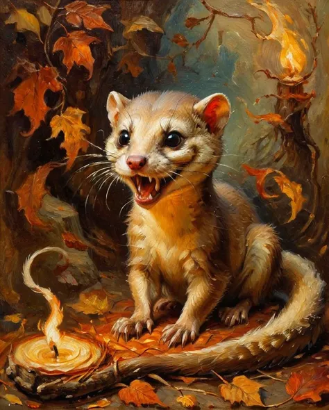 [stylized by William Timlin and Einar Hákonarson::17], oil painting of a Horrifying Weasel, Swirling Acrylic, Fall, Cozy, Warm lighting, <lora:ClassipeintXL2.1:1>