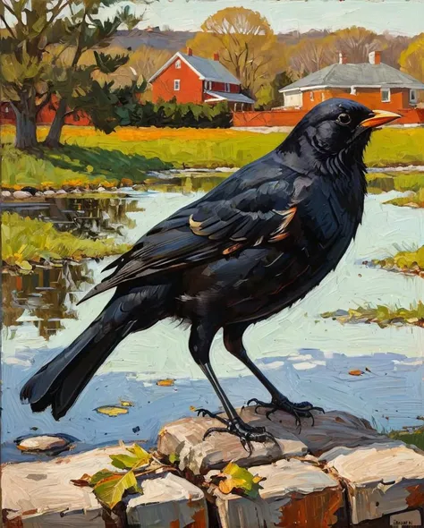(stylized by Neil Welliver:0.8) and (Mario Sorrenti:1.2) , oil painting of a magnificent (Blackbird:1.1) , charming, cityscape in background, Wide view, Simple illustration, Awe, Land Art, Monochromatic Olive filter, Unsplash, simplistic, creative, painterly, <lora:ClassipeintXL2.1:1>