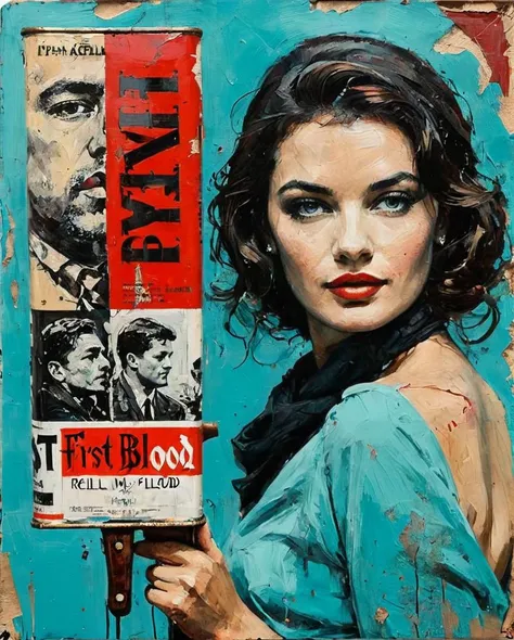 (art by Loui Jover:0.9) and (Mimmo Rotella:1.1) , [oil painting of a "First Blood", it is Scrumptious and Visual, Cyan background::16], <lora:ClassipeintXL2.1:1>