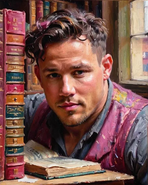 by Ben Hatke, Paul Gustav Fischer, oil painting of a close up of a portly Bookbinder Channing Tatum, his hair is Multicolor, FOV 90 degrees, Cosy, High Shutter Speed, Sony A7, 50mm, deep pink flakes, <lora:ClassipeintXL2.1:1>