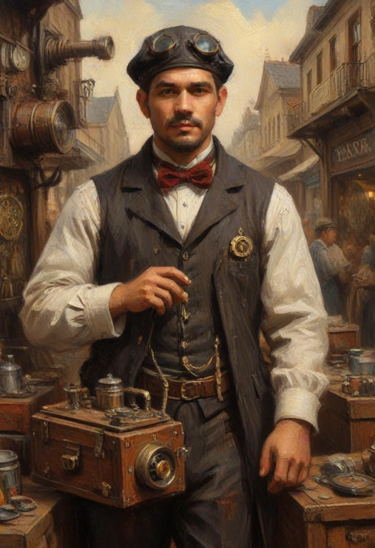 Steampunk style Steampunk trader in elaborate attire, steam-powered gearpack, dealing with gadgets, in market, <lora:ClassipeintXL2.1:1.2> oil painting, heavy brush strokes, . Antique, mechanical, brass and copper tones, gears, intricate, detailed