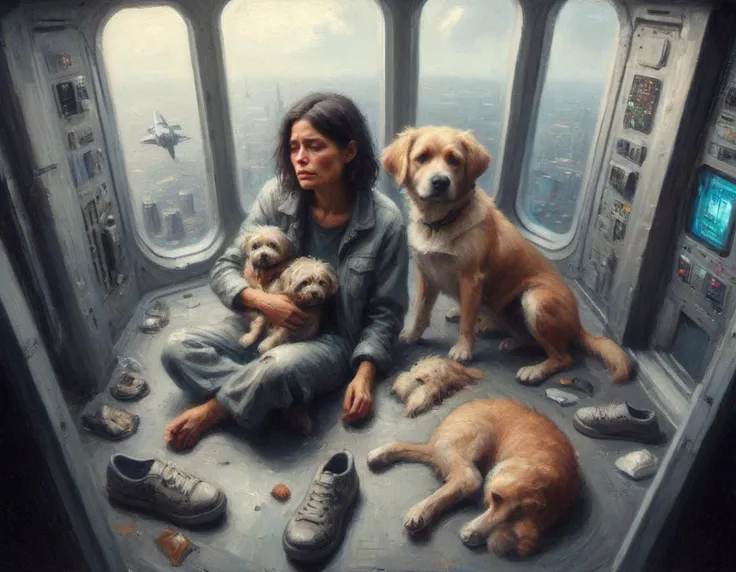 Overhead shot of a homeless, sad woman and her dog sitting inside a space elevator with giant windows, midair. Dirty and tired.
BREAK
Giant rockets and spaceships outside. Year 2074,oil painting<lora:EMS-302885-EMS:0.800000>