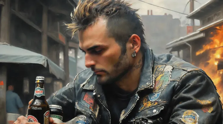 (best quality, masterpiece, perfect face, beautiful and aesthetic:1.2, colorful, dynamic angle, highest detailed face), award wining professional of An avant-garde artistic illustration depicts a futuristic marginal punk man with a lean, skinny frame, pronounced facial features, shaved temples, and a high steep crest on his head. visible cybernetic implants, He sports a weathered leather jacket, tight torn denim jeans, and biker's dirty old boots, exuding a rebellious aura as he nonchalantly drunking a bottle of beer. dystopian street, with a fire camp flickering nearby. (high contrast, official art, extreme detailed, highest detailed) <lora:ClassipeintXL:0.8> ClassipeintXL <lora:wowifierXL:0.3> art by mooncryptowow