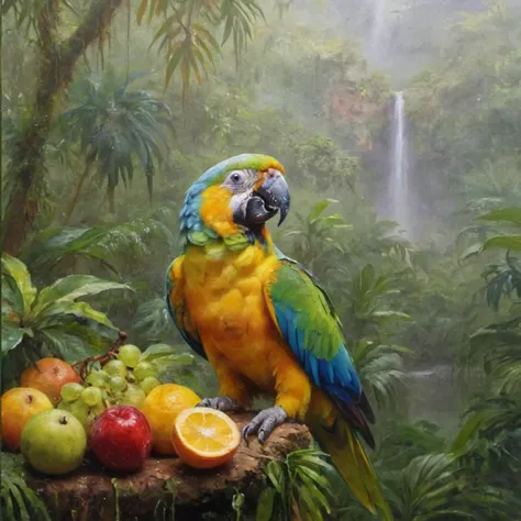 oil painting of colorful parrot eating a fruit in the wet moist jungle, thick mist <lora:ClassipeintXL1.9:1>