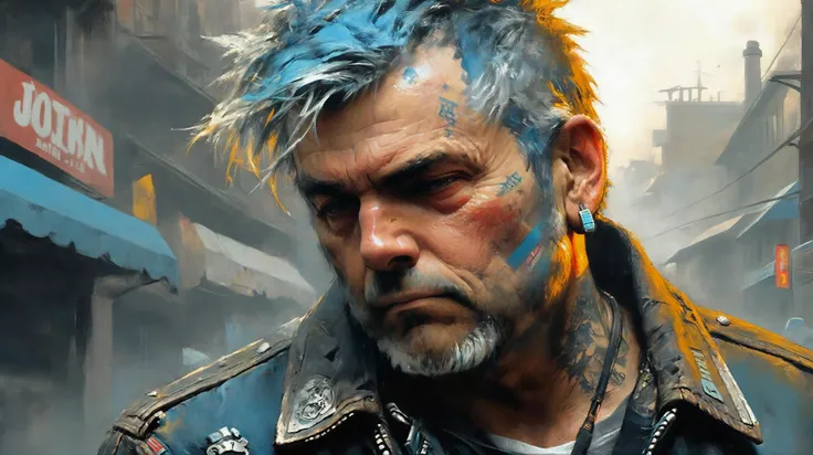 (best quality, masterpiece, perfect face, beautiful and aesthetic:1.2, colorful, dynamic angle, highest detailed face), In a cinematic scene, a futuristic old crappy punk man, showcases a high blue crest on his head as he stands defiantly in a filthy, glowing artificial tattoos, post-apocalyptic street, clad in a rugged leather jacket, tight torn denim jeans, and grungy biker boots. He takes a leisurely drag from a cigarette . The ambiance is that of a dystopian film, with flickering flames from a nearby fire camp casting an eerie glow.high contrast, official art, extreme detailed, highest detailed) <lora:ClassipeintXL:0.8> ClassipeintXL