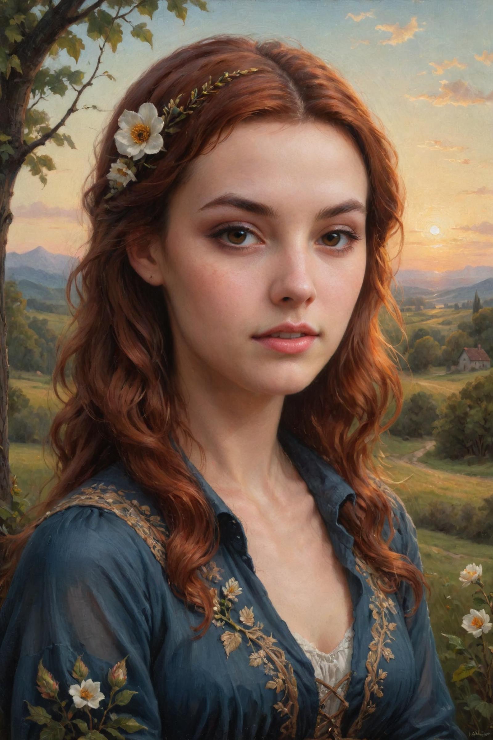 A painting of a woman with red hair and a flower in her hair - SeaArt AI