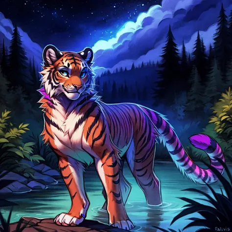 solo, mammal, tiger, pink body, feral, felid, purple fur, pantherine, water, ambiguous gender, fur, plant, stripes, tree, whiskers, white body, hi res, digital media (artwork), claws, white fur, striped body, outside, night, stars, dramatic lighting, detailed background, black stripes, looking at viewer, multicolored body, blue fur, markings, striped fur, standing, tuft, countershading, traditional media (artwork), (multicolored fur), black body, grass, orange tail, smile, (multicolored), [by falvie], by luxe, l1s4fr4nk,  <lora:luxe_2_:0.8> <lora:l1s4fr4nk:0.5> <lora:CartoonCraftLora_V1:0.7>