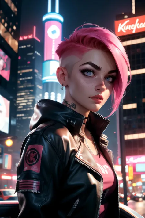 (masterpiece, best quality, art, sfw, by Krys Decker), 1girl, detailed eyes, freckles, short pink hairs, ((undercut)), leather jacket, night city, cyberpunk, punk, <lora:Krys_Decker_style_v1:0.8>