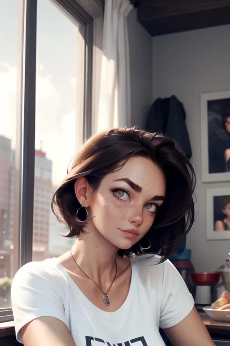 (masterpiece, best quality, art, sfw, by Krys Decker), 1girl, detailed eyes, short dark brown hairs, freckles, t-shirt, shorts, <lora:Krys_Decker_style_v1:0.8>