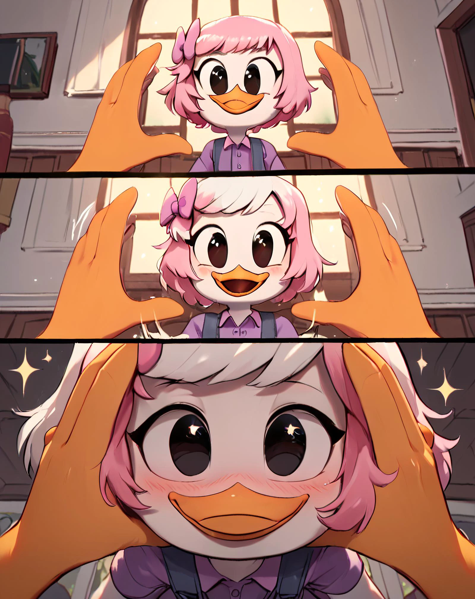 score_9, score_8_up, score_7_up, score_6_up, best quality, highres, source_furry, 1girl, female, solo, inside, mansion, duck, beak, webby vanderquack, young, white skin, white hair, short hair, black eyes, black eyes, sneakers, standing, excited, arms back, orange legs, blush, happy, sparkles, purple dress shirt, pink overalls:1.2, pink hair bow, incrssnootchallenge, comic, pov hands, motion lines, 3koma, smile, :d,<lora:SnootChallenge_XLPD:1> <lora:Webby_Vanderquack:.8>, ZPDXL, <lora:more_details:1> <lora:xl_more_art-full_v1:1> <lora:ugly_style:-1>