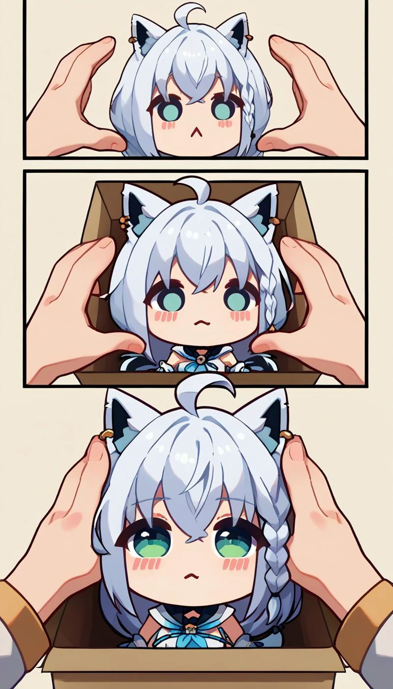 b0xe,chibi, in box,fubuki_base, white blouse, detached sleeves, black shorts, blue neckerchief, thigh strap, single thighhigh, white hair, single side braid, ahoge, piercing, fox tail,IncrsSnootChallenge, comic, pov hands,
score_9,score_8_up,score_7_up,
<lora:SnootChallenge_XLPD:0.85> <lora:boxed_potat_v1:1> <lora:shirakami_fubuki_sdxl_pony-4:1> ,