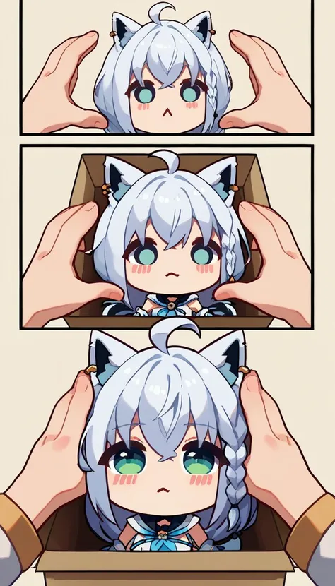 b0xe,chibi, in box,fubuki_base, white blouse, detached sleeves, black shorts, blue neckerchief, thigh strap, single thighhigh, white hair, single side braid, ahoge, piercing, fox tail,IncrsSnootChallenge, comic, pov hands,
score_9,score_8_up,score_7_up,
 <lora:SnootChallenge_XLPD:0.85> <lora:boxed_potat_v1:1> <lora:shirakami_fubuki_sdxl_pony-4:1> ,