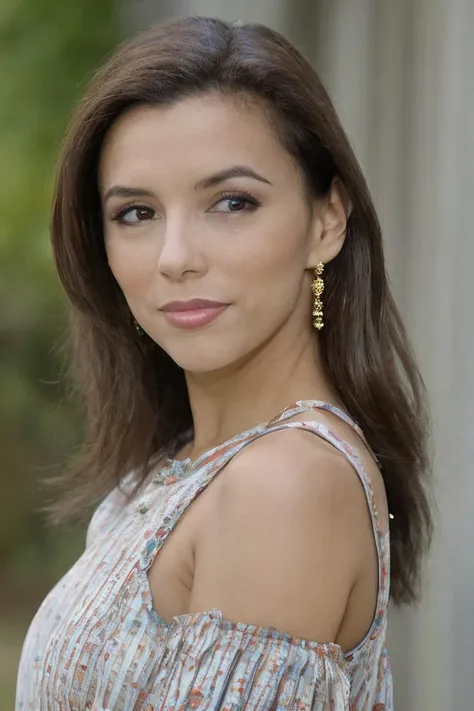 portrait photo, (evalong:1.2) woman, (high detailed skin), wearing a pretty dress, closed mouth, (outdoors:1.1), sunny, 8k uhd, dslr, bright lighting, high quality, film grain, Fujifilm XT3