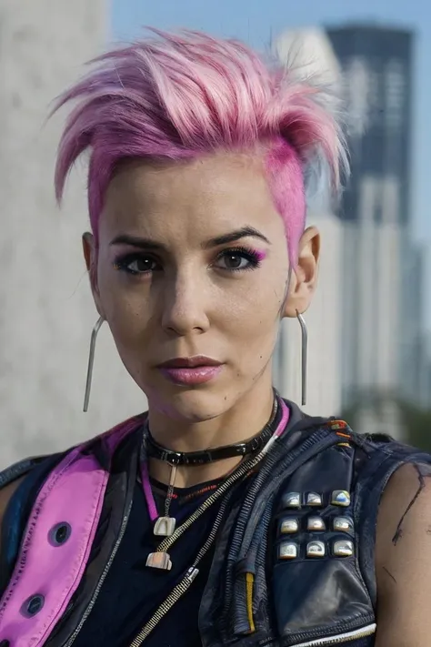 portrait photo, (evalong:1.2) woman, (high detailed skin), pink mohawk hair, (cyberpunk theme:1.3), closed mouth, (outdoors:1.1), sunny, 8k uhd, dslr, bright lighting, high quality, film grain, Fujifilm XT3