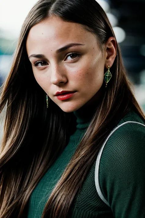 photo of (br1ana3v1gan-135:0.99), a beautiful woman, perfect hair, (serious), (modern photo, Girl Scout Green plugsuit), closeup portrait, 85mm, (analog, cinematic, film grain:1.3), (geometric halftone background:1.2), detailed eyes, (seductive), (epicPhoto), (looking at viewer), earrings, painted lips, (cinematic shot:1.3)