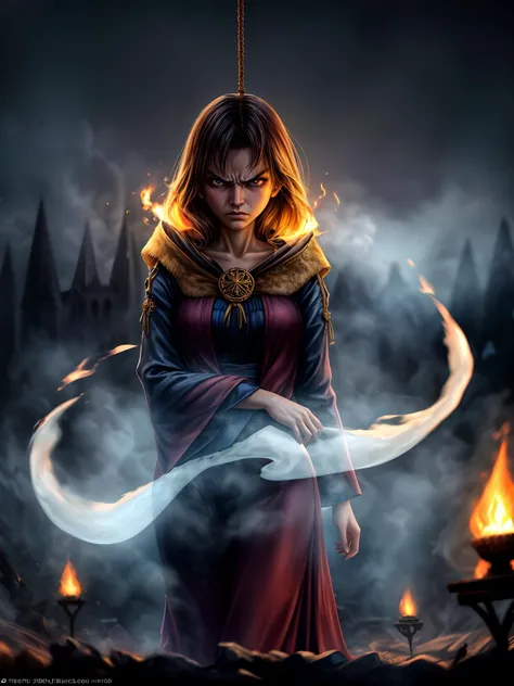 <hypernet:ghost_v10:1.3>, <lora:more_details:0.8>, (fire, ghost girl, witch costume, circle of transmutation, angry, evil ghosts, hanged man, characters in the distance, girl performs an occult ritual, magical glow, magic hand passes:1.4),