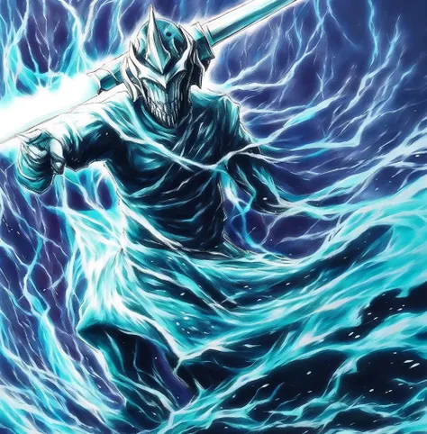 ghost, weapon, polearm, death,underwater, glowing, solo, holding weapon, holding, no humans, holding polearm, spear <hypernet:ghost:1>