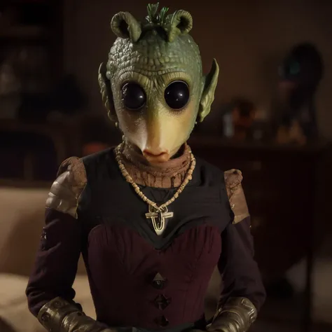 photograph, top-down view of a (rodian alien:1.2) , in Lace top and high-waisted pants, her hair is Victorian, Maroon and Cream Smartwatch, amulet, Smoky Conditions, stylized by Daniel Clowes, William-Adolphe Bouguereau, Ambient lighting, film grain, Phase One XF IQ4 150MP, 80mm, Highres, <lora:RodiantestSkin1:1.0>, <lora:neg4all_bdsqlsz_xl_V7:1.0>